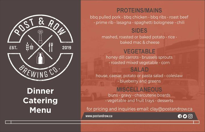 Post & Row Brewing Co. dinner catering menu covering proteins and mains, sides, vegetables, salad and miscellaneous