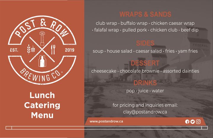 Post & Row Brewing Co. lunch catering menu covering wraps and sandwiches, sides, dessert and drinks