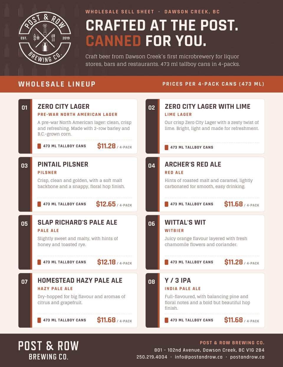 The Post & Row Brewing Co. beer sheet showing all eight beers in 473 ml tallboys and 4-packs